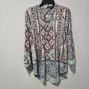 Cocomo Womens Large Geometric Tribal‎ Print Long Sleeve Tunic Blouse Multicolor
